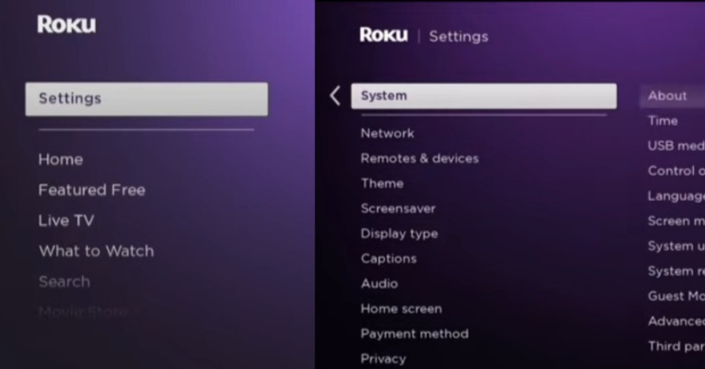 Open settings to system option on roku 