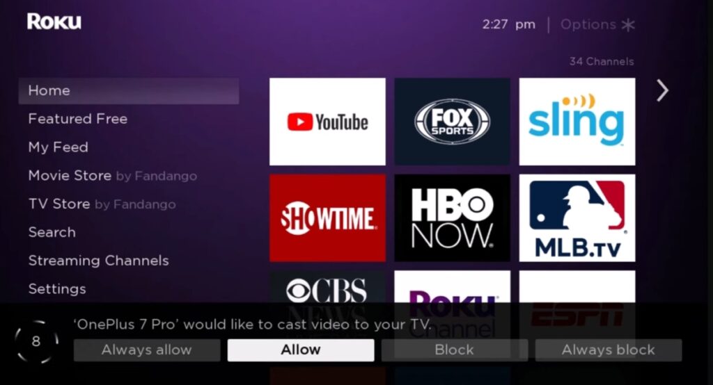 select Allow option on roku device to stream Beetv 