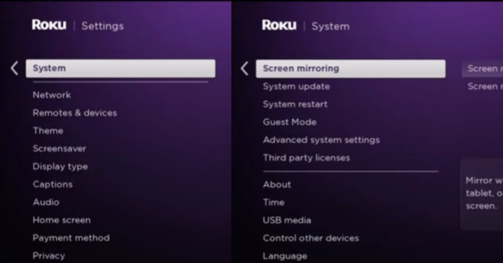 system to screen mirroring option on Roku tv