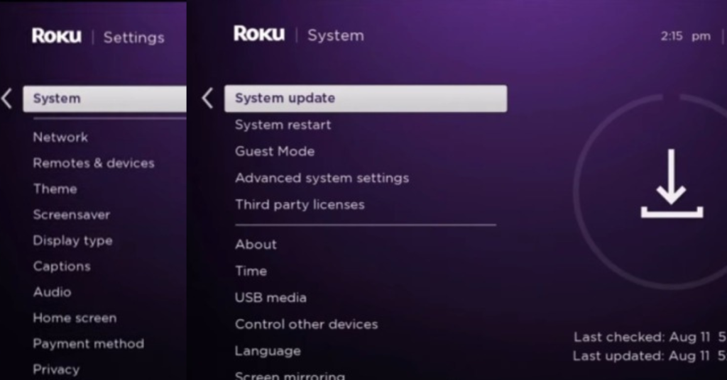 system to system update settings on roku device