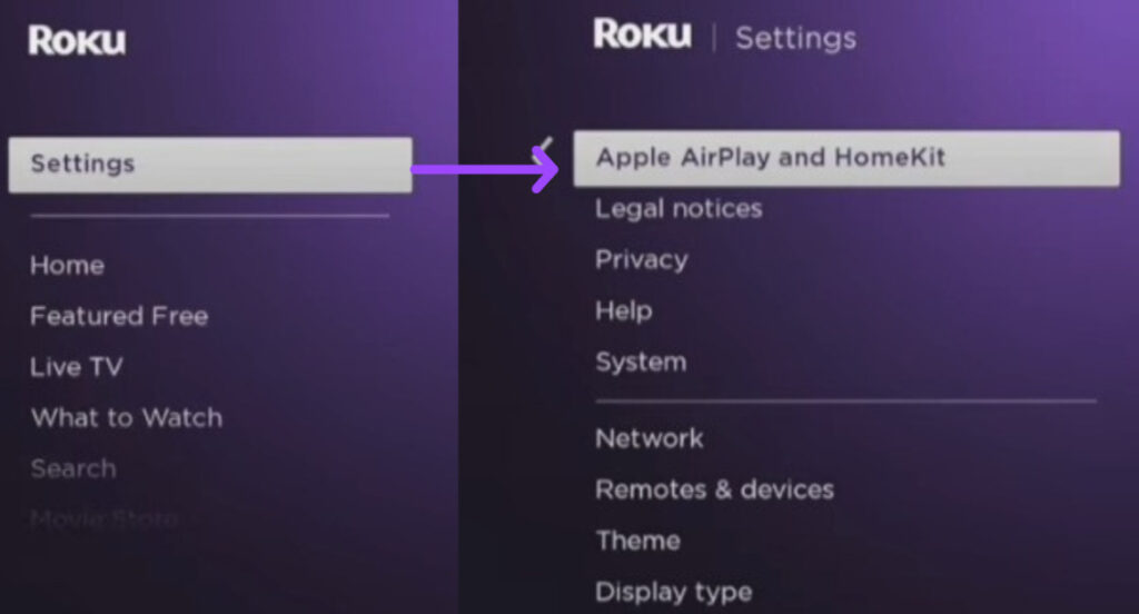 Select Airplay and Homekit to watch sky go on Roku tv, Roku firestick or Roku express 