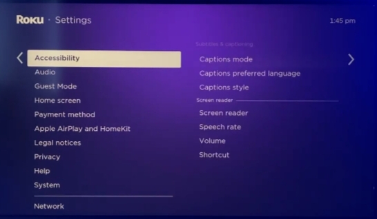 accessibility option on roku to put subtitles