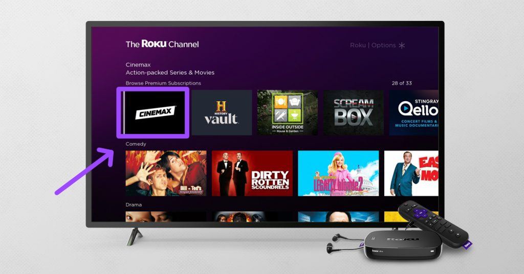 add Cinemax on Roku tv from The Roku Channel 