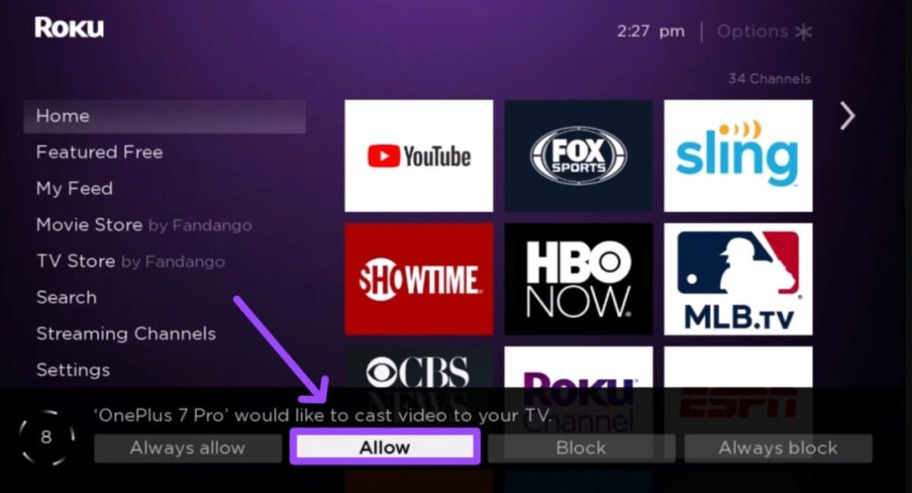 choose Allow prompt on Roku tv to stream Metv 