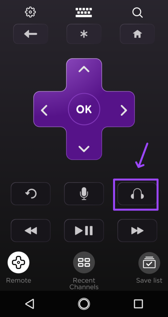 headphone icon on roku mobile app to use private listening on Roku 