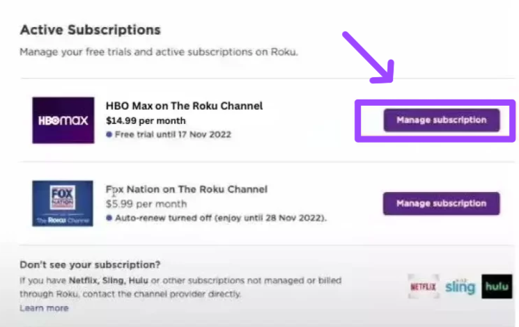 Tap on manage subscription on roku account to unsubscribe HBO Max 