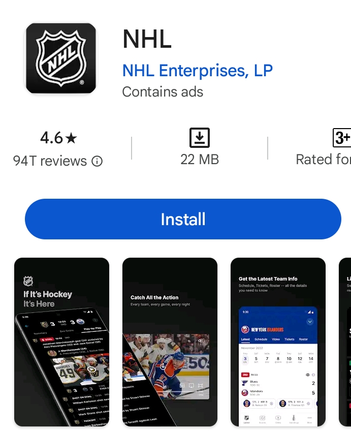 Install nhl on Google Play Store for Android device 