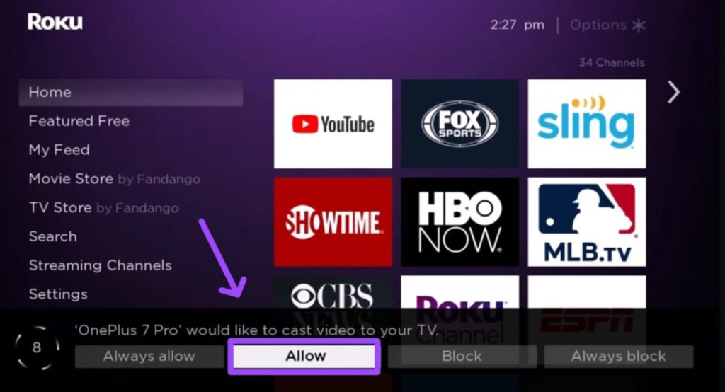 select Allow message on Roku tv