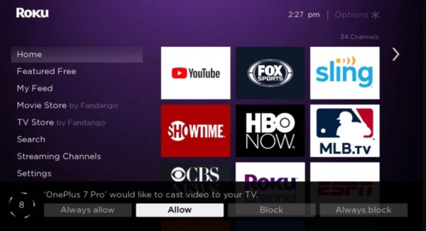 select Allow option on roku tv to connect with Android phone 