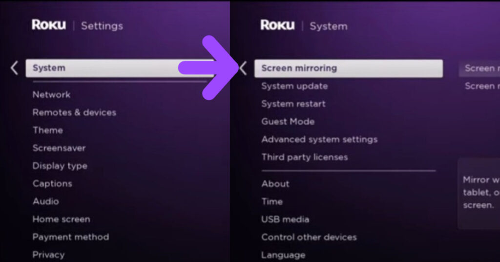 select screen mirroring option on roku device to get nhl 