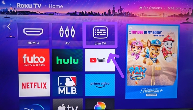 tap on Live TV to get Cinemax on Roku with cable subscription 