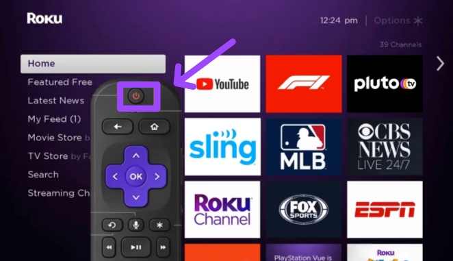 press power button on Roku Remote to fix F1 TV not working on Roku device 
