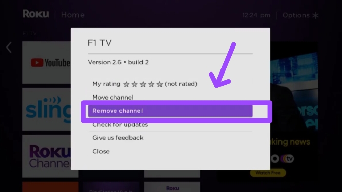 remove F1 TV channel on Roku stick or TV to fix F1 TV not working on Roku 