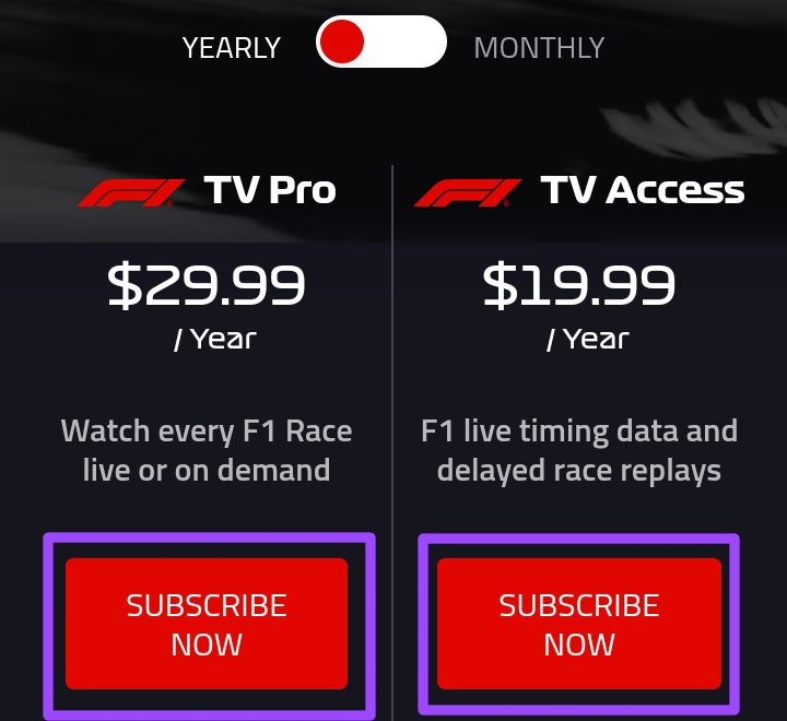 select TV Pro or TV access on F1 website 