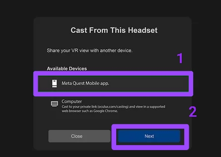 select meta quest app on Oculus Quest 2 to pair Oculus Quest 2 to Roku device 