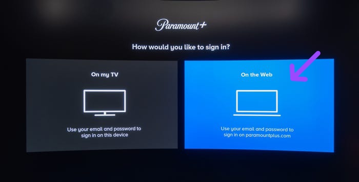 select on the web option on paramount plus to activate paramount plus app on Roku device 