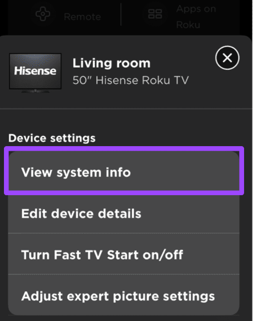 select view system on Roku mobile app to find Roku player IP address 