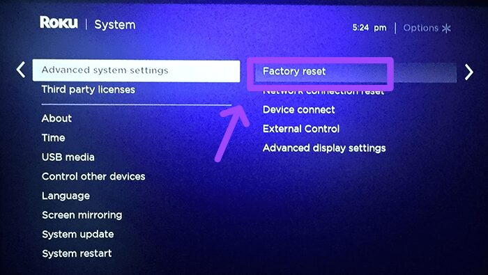 factory reset on Roku TV to change account 