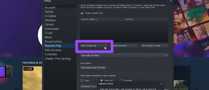 select pair Steam link to get steam games on Roku TV 