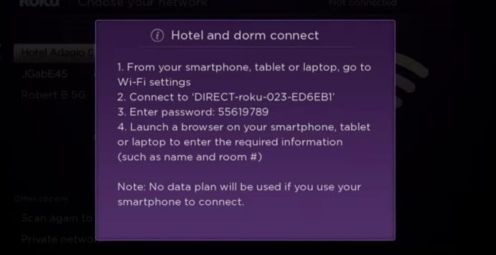 Direct-Roku Hotel And Dorm Connect message on TV 