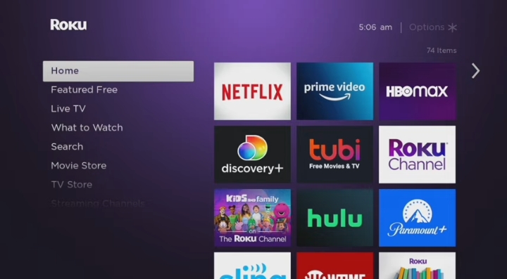 Roku tv or Roku device home screen 