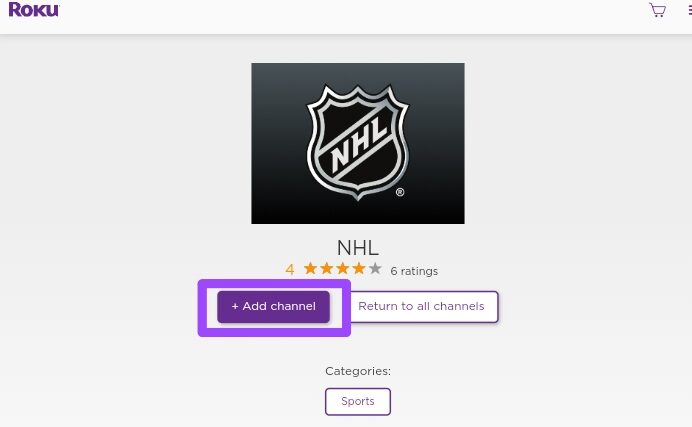 add NHL channel on Roku channel store 